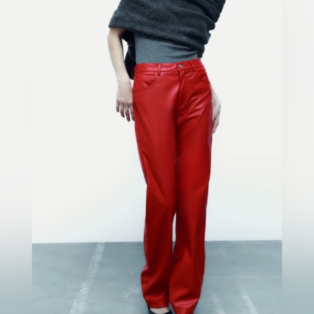 Zara Red Straight Leg Leather Pants